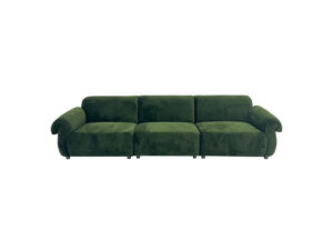 Green three-seater sofa with rounded arms.