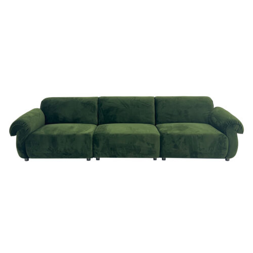 Green three-seater sofa with rounded arms.