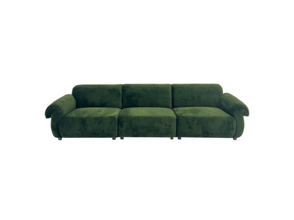Green three-seater sofa with rounded arms.